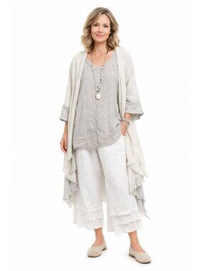 FLAX Striped 100% Linen Sleeveless Relaxed Top Womens M Gray White Lagenlook